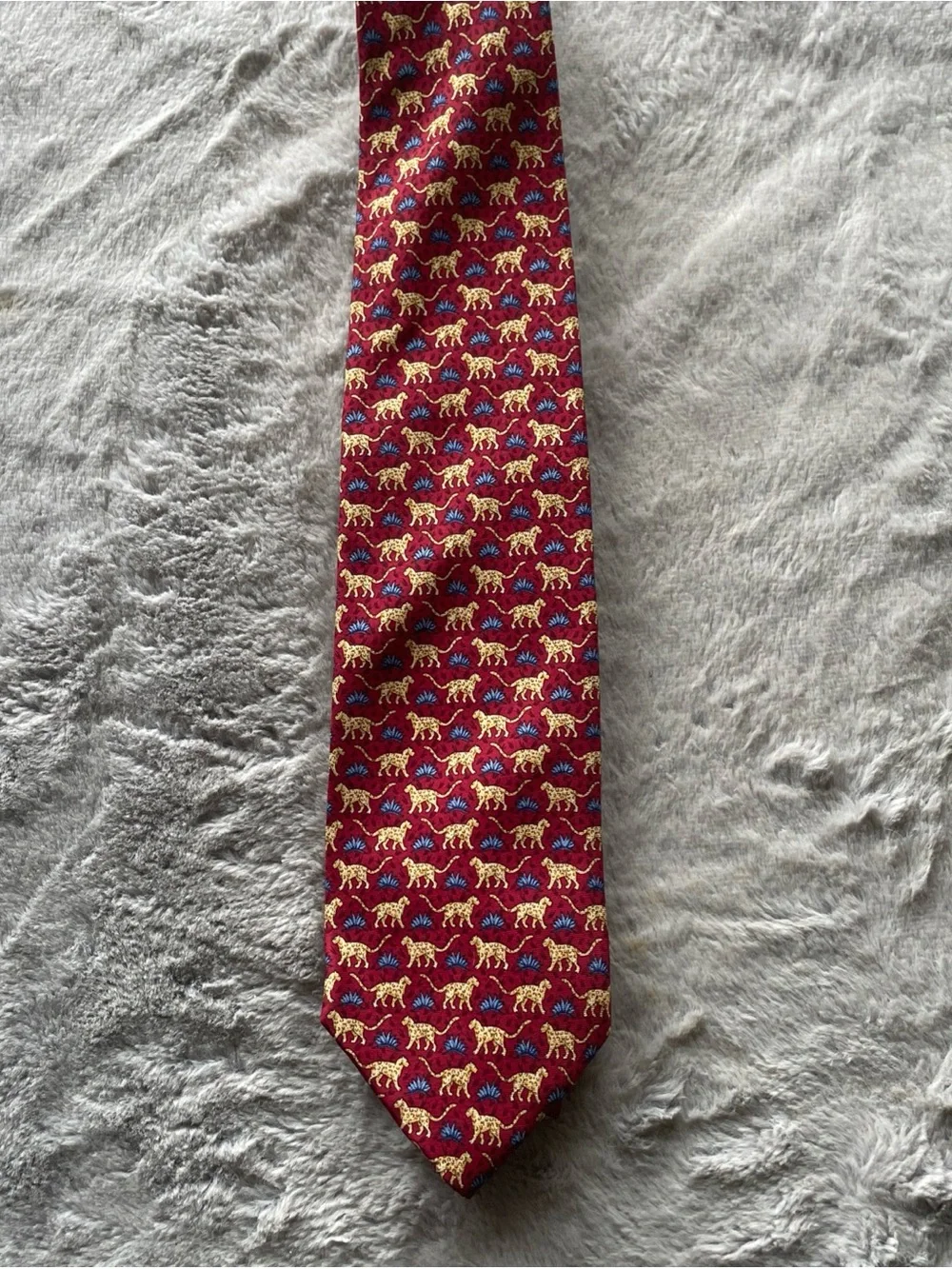 Brooks Brothers Red Silk Tie with Yellow Animal Motif and Blue Accents